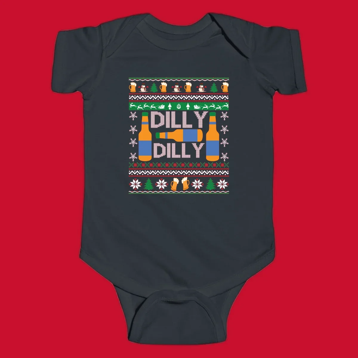 Ugly Christmas sweater design with beer bottles and Dilly Dilly text.