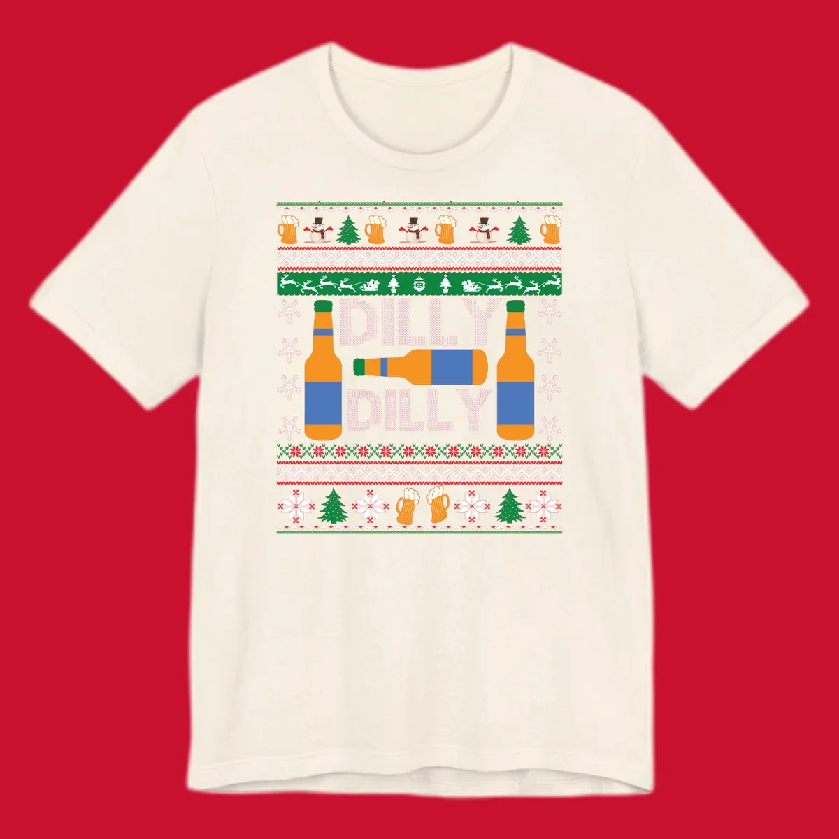 Ugly Christmas sweater design with beer bottles and Dilly Dilly text.
