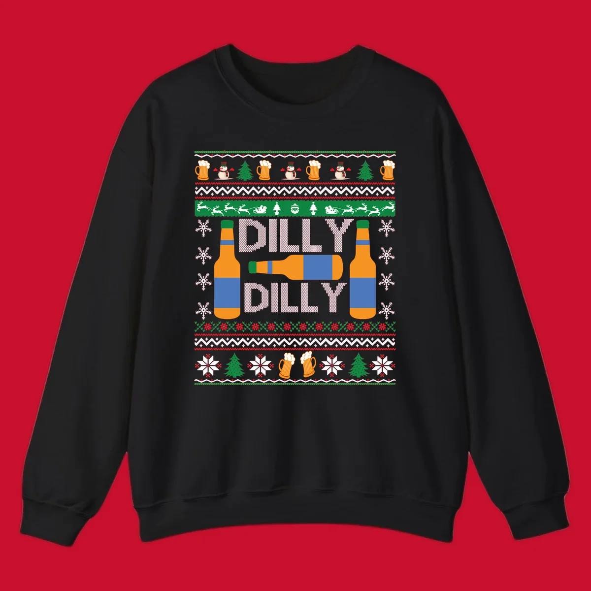 Ugly Christmas sweater design with beer bottles and Dilly Dilly text.