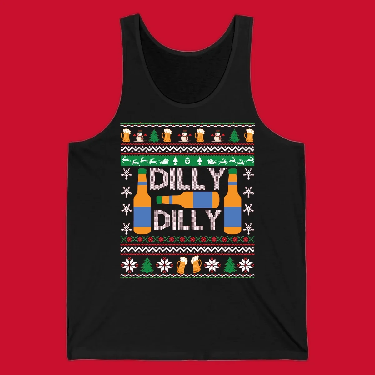 Ugly Christmas sweater design with beer bottles and Dilly Dilly text.