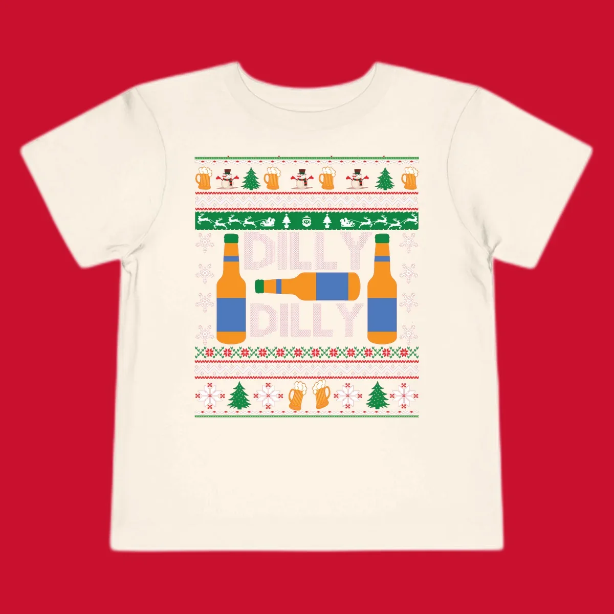 Ugly Christmas sweater design with beer bottles and Dilly Dilly text.