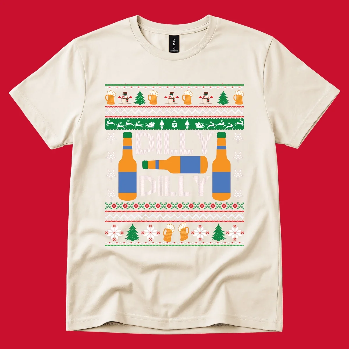 Ugly Christmas sweater design with beer bottles and Dilly Dilly text.