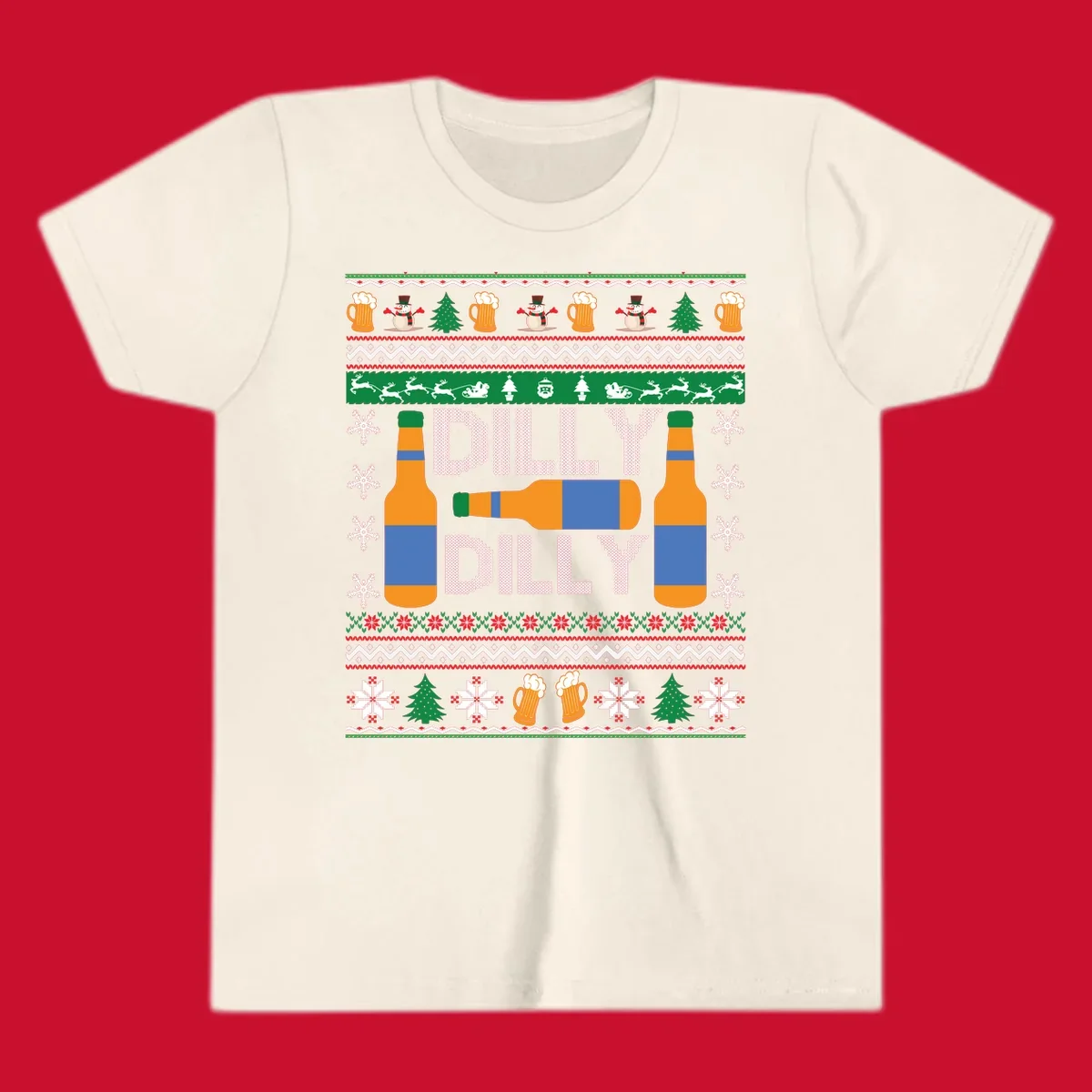 Ugly Christmas sweater design with beer bottles and Dilly Dilly text.