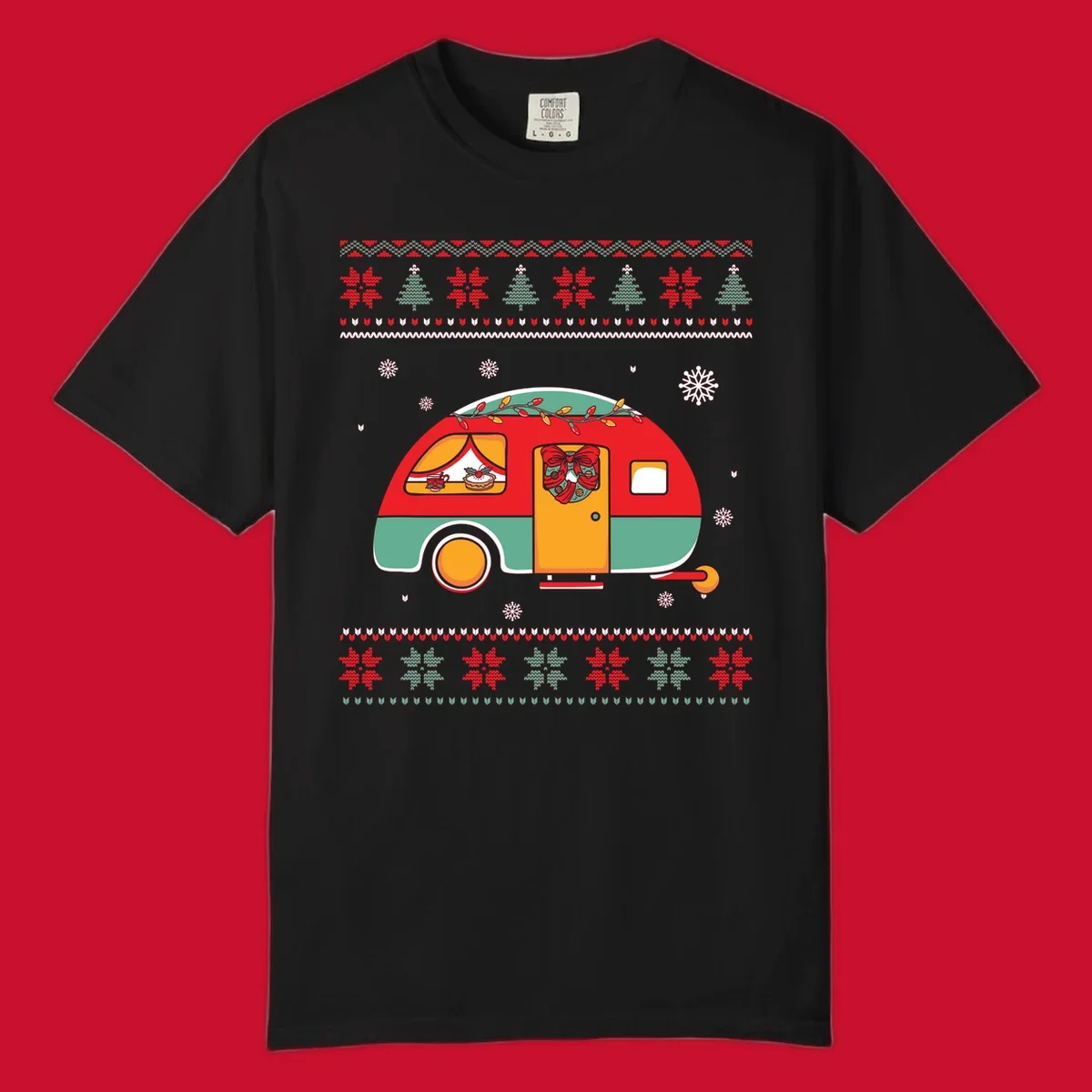 Christmas camper caravan with holiday decorations and ugly sweater pattern border