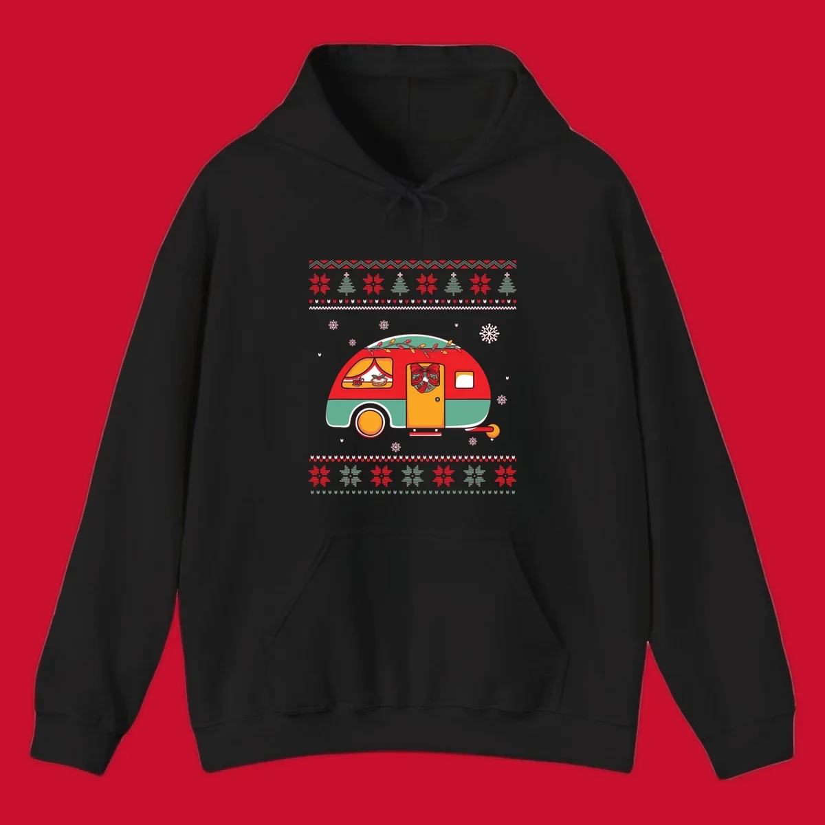 Christmas camper caravan with holiday decorations and ugly sweater pattern border