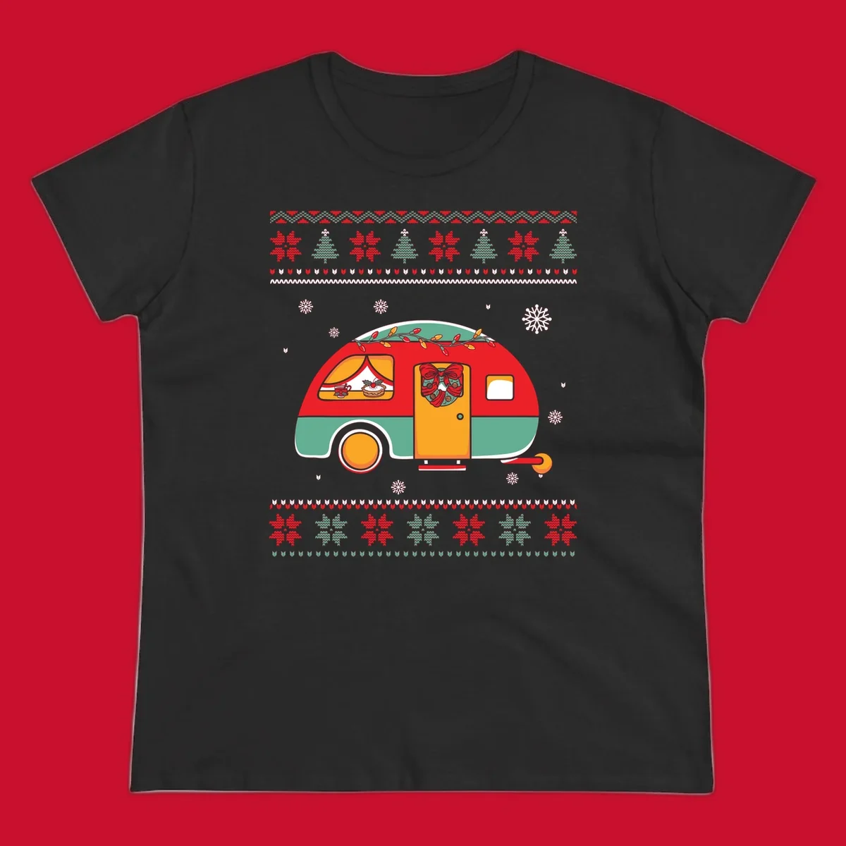Christmas camper caravan with holiday decorations and ugly sweater pattern border