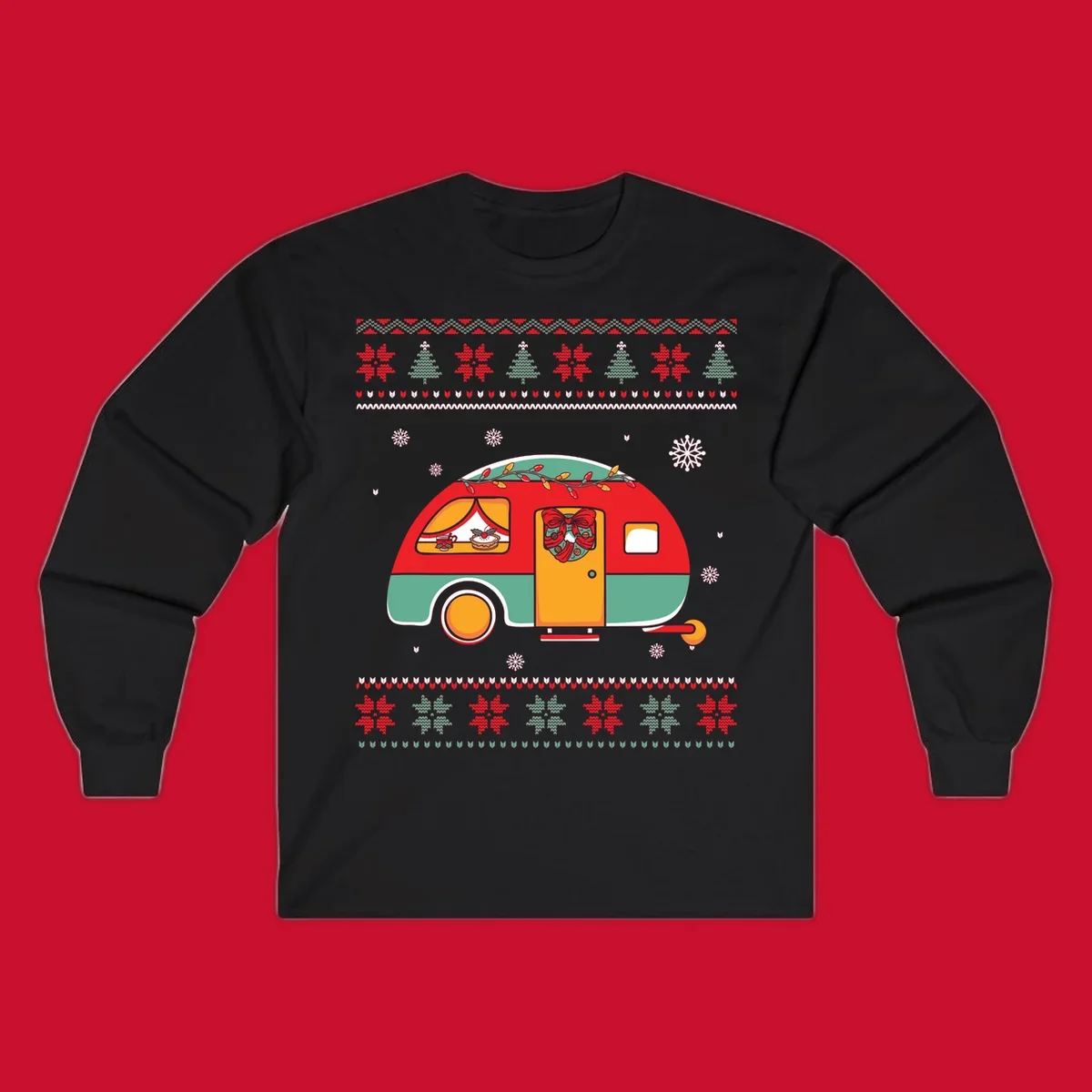 Christmas camper caravan with holiday decorations and ugly sweater pattern border