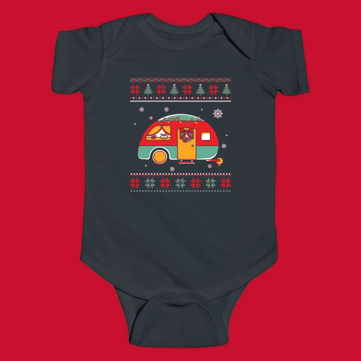 Christmas camper caravan with holiday decorations and ugly sweater pattern border