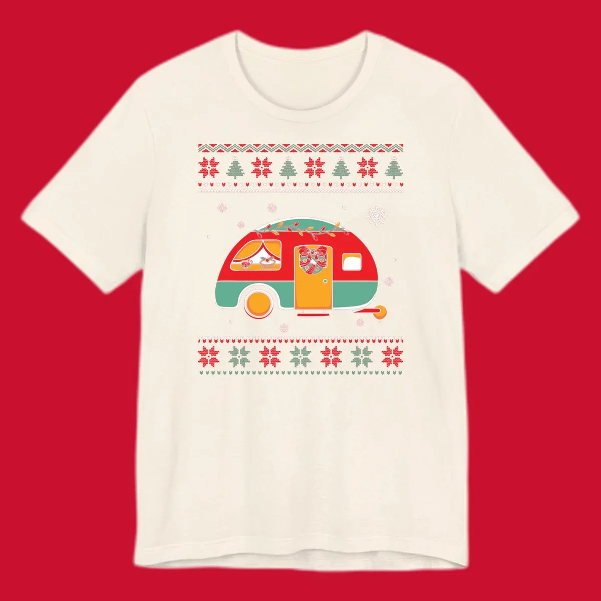 Christmas camper caravan with holiday decorations and ugly sweater pattern border