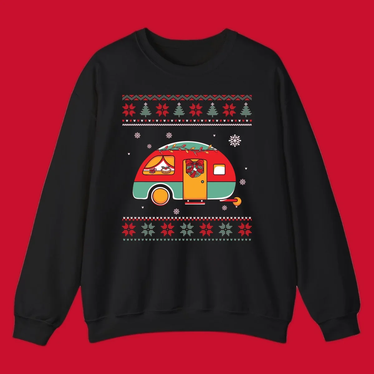 Christmas camper caravan with holiday decorations and ugly sweater pattern border