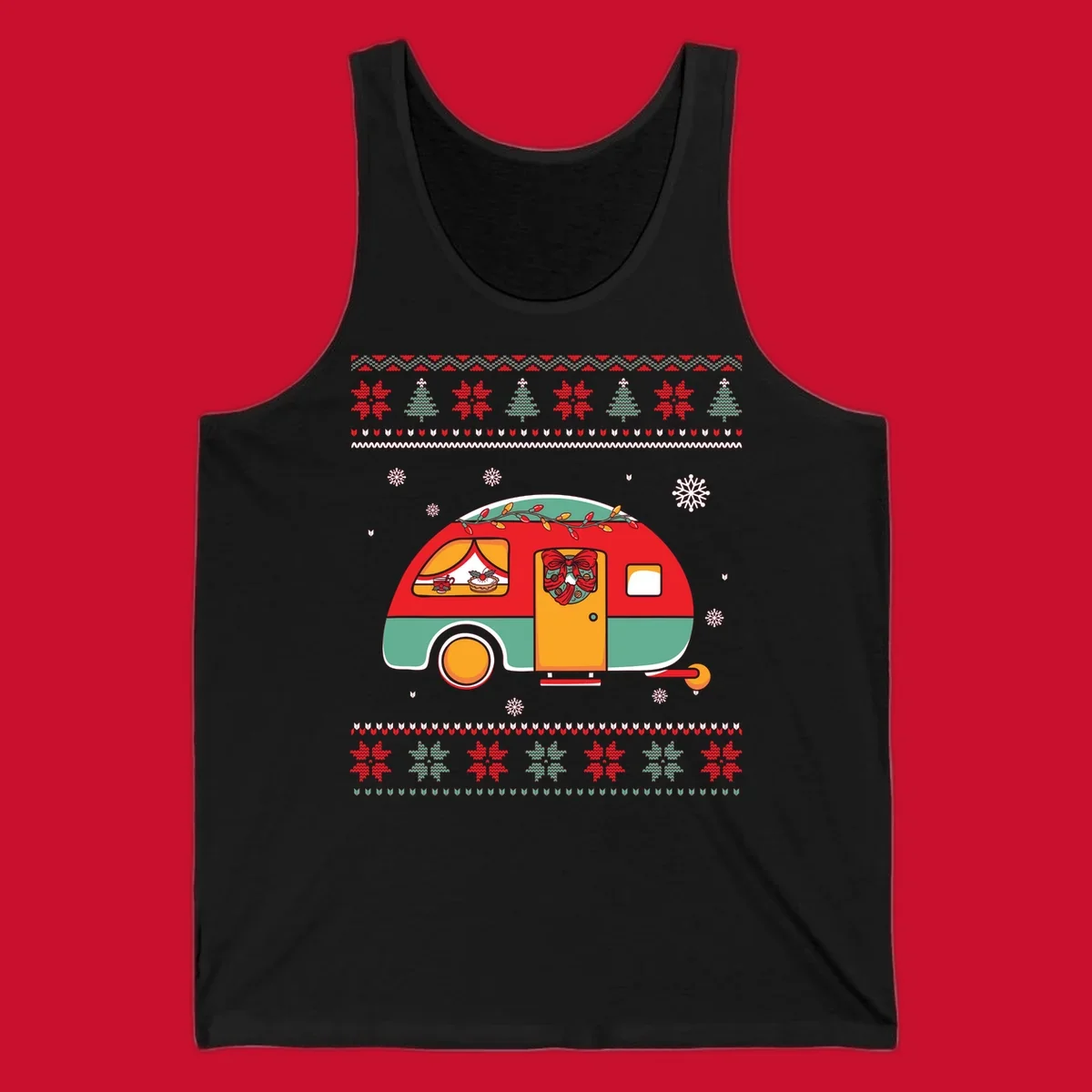 Christmas camper caravan with holiday decorations and ugly sweater pattern border