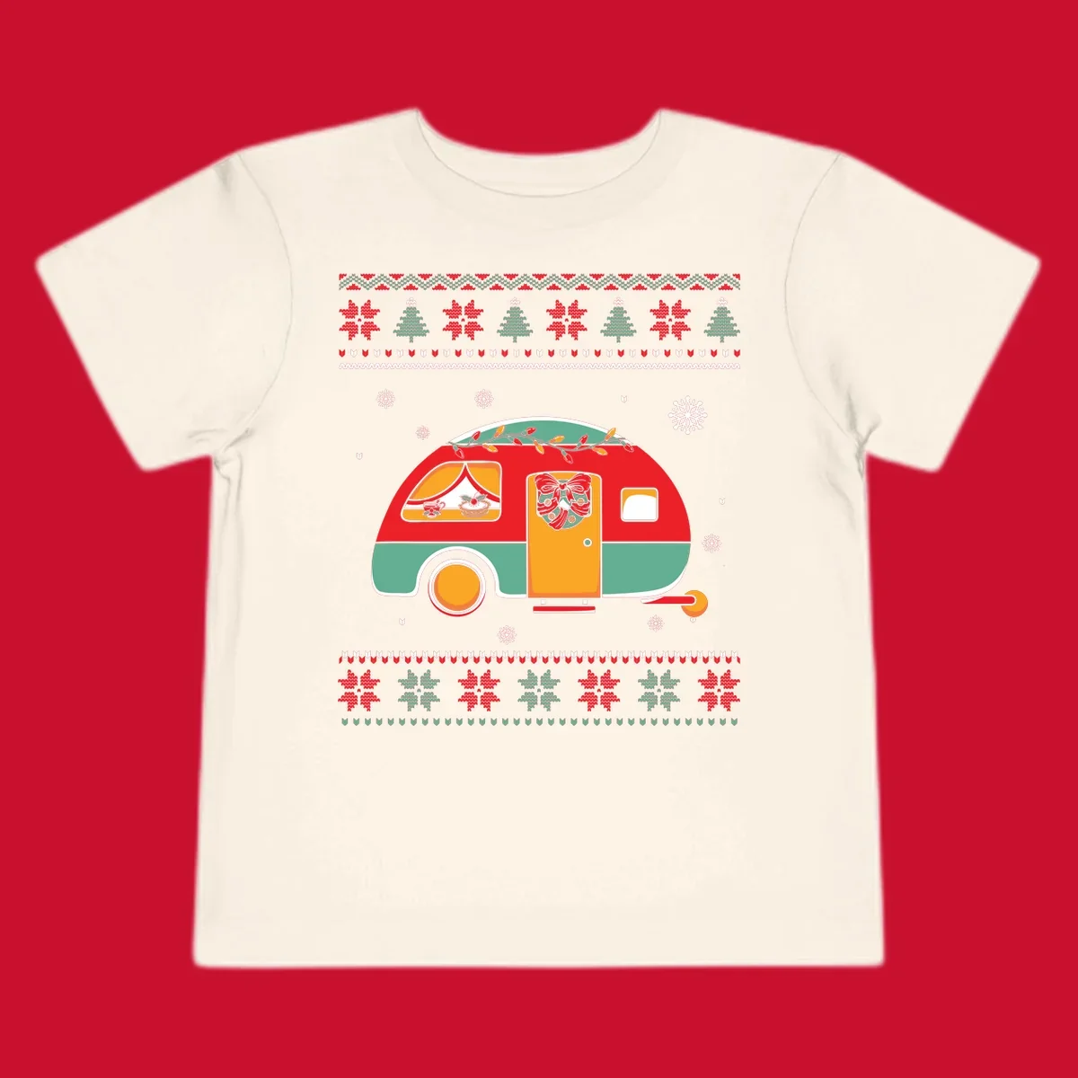 Christmas camper caravan with holiday decorations and ugly sweater pattern border