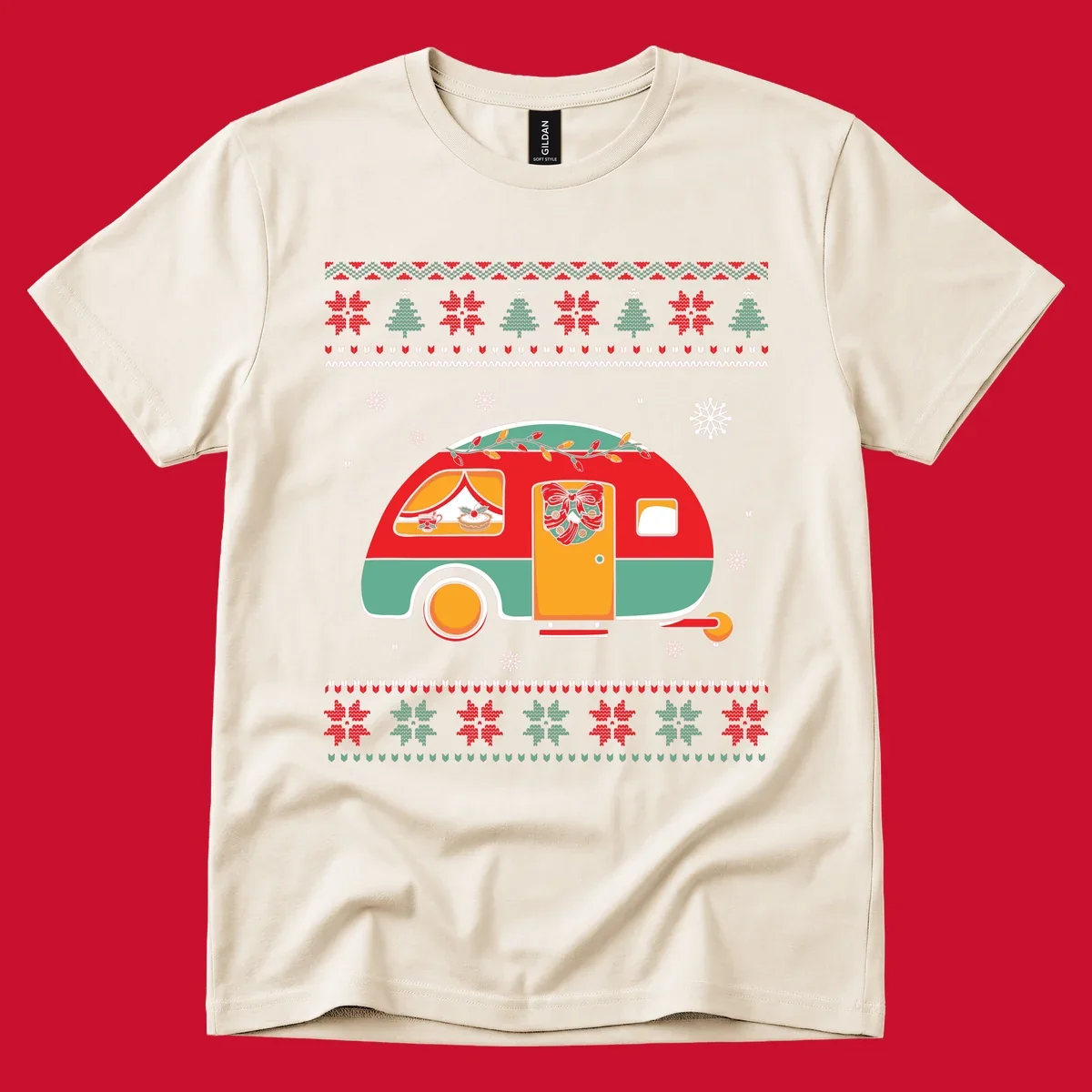 Christmas camper caravan with holiday decorations and ugly sweater pattern border