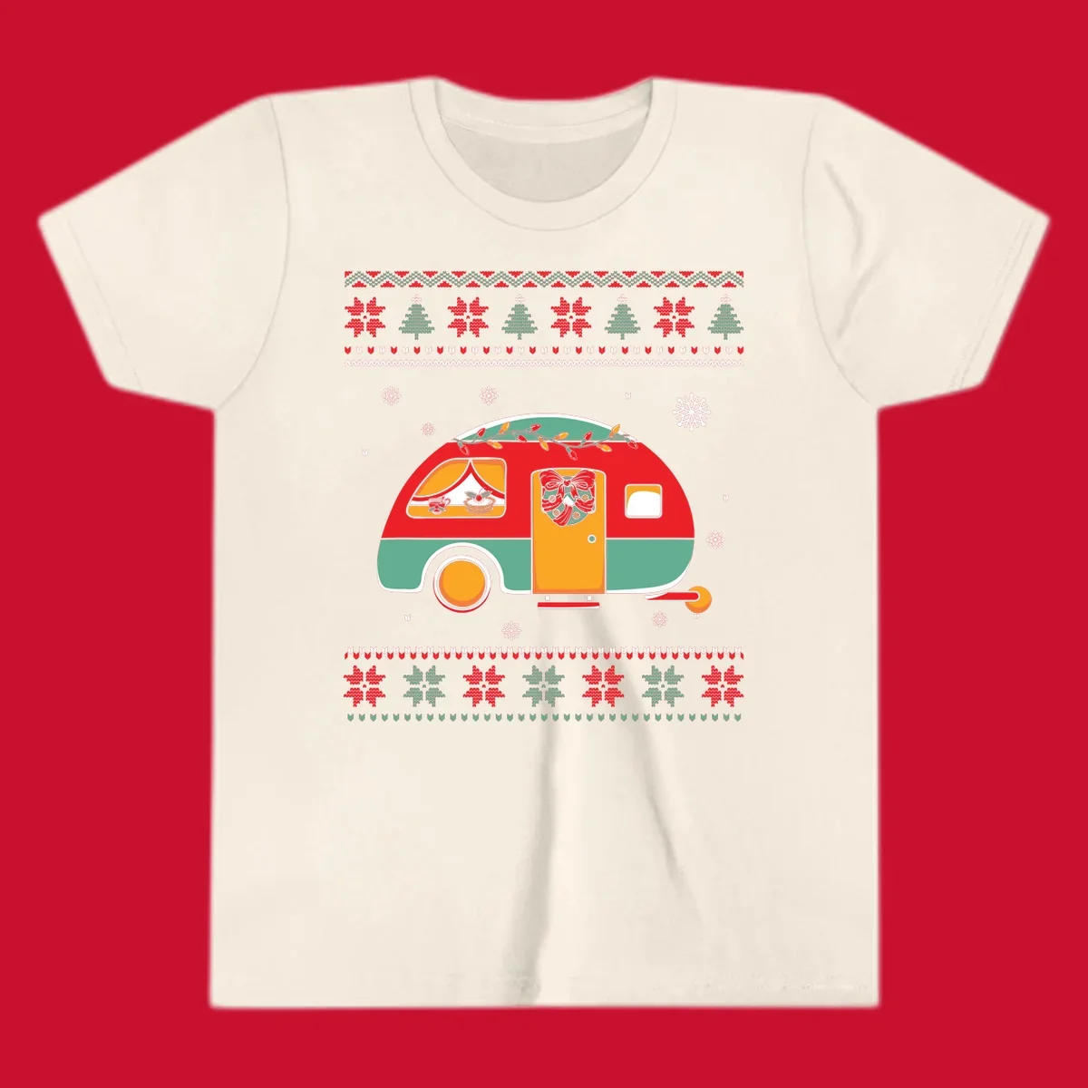 Christmas camper caravan with holiday decorations and ugly sweater pattern border