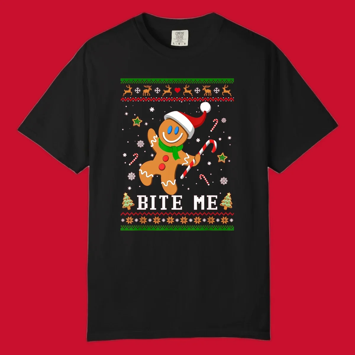 Gingerbread man with santa hat and candy cane, text 'BITE ME', Christmas holiday design.