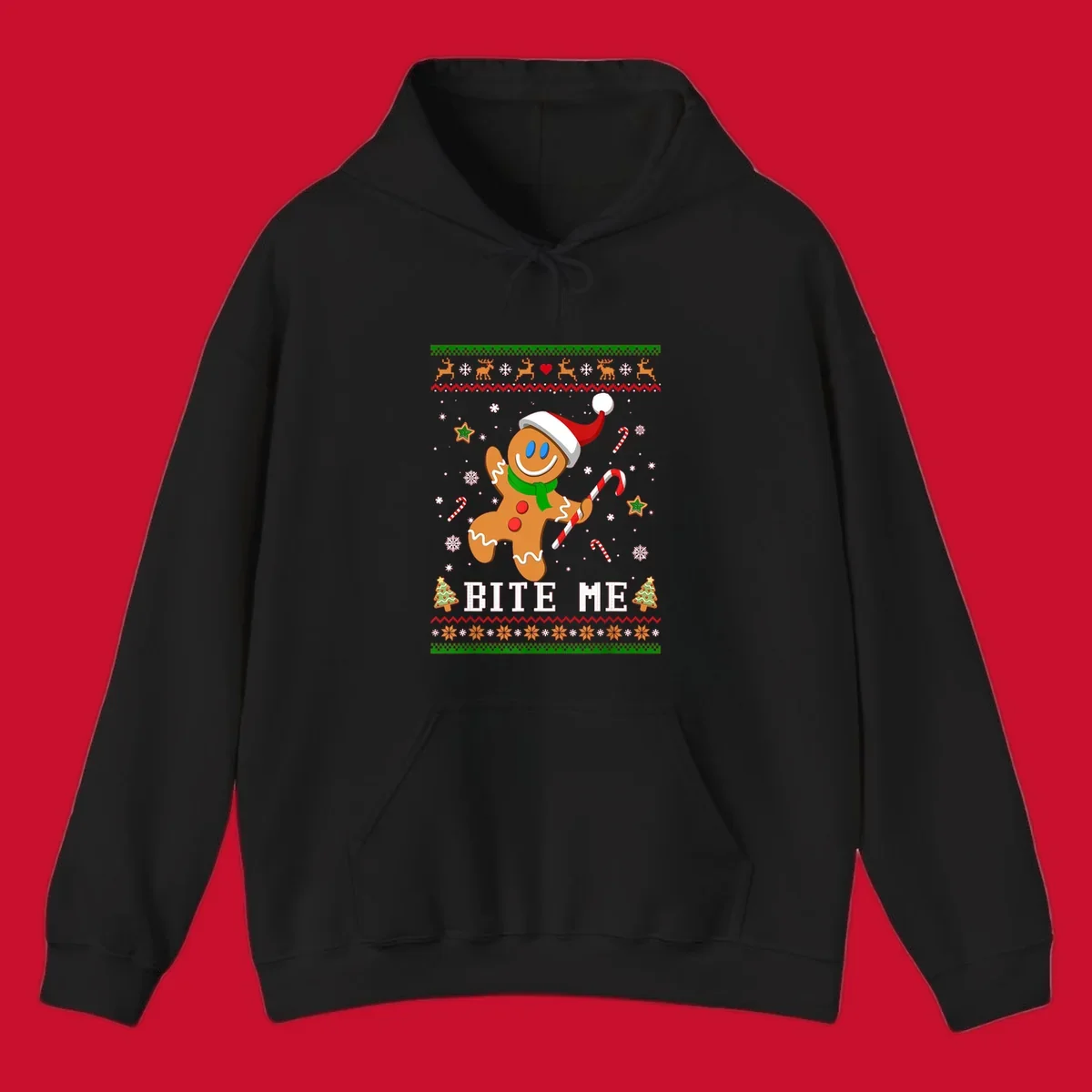 Gingerbread man with santa hat and candy cane, text 'BITE ME', Christmas holiday design.