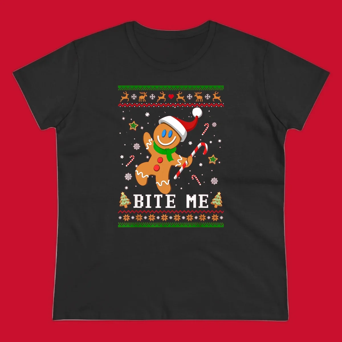 Gingerbread man with santa hat and candy cane, text 'BITE ME', Christmas holiday design.