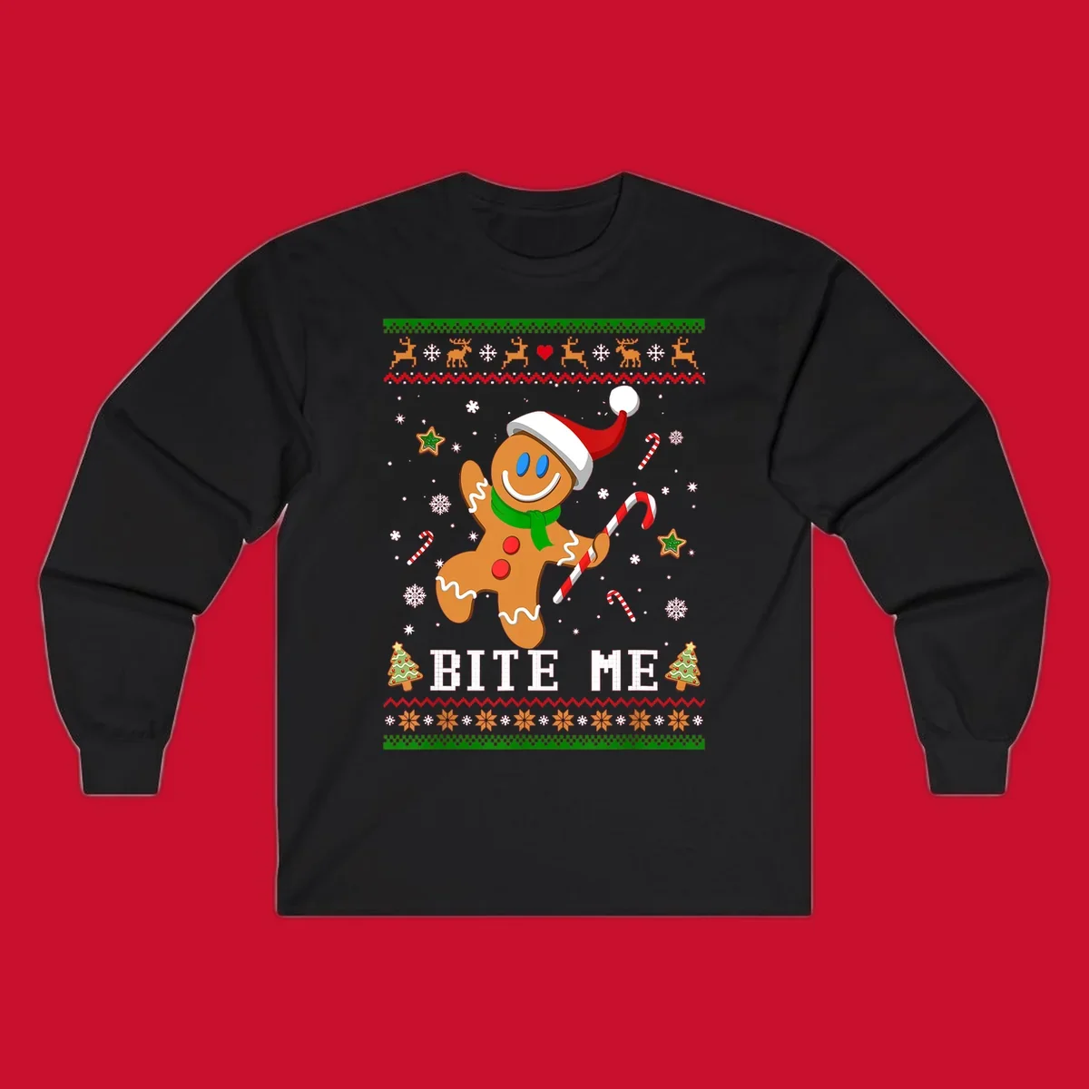 Gingerbread man with santa hat and candy cane, text 'BITE ME', Christmas holiday design.