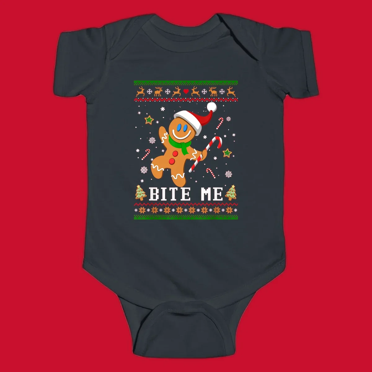 Gingerbread man with santa hat and candy cane, text 'BITE ME', Christmas holiday design.