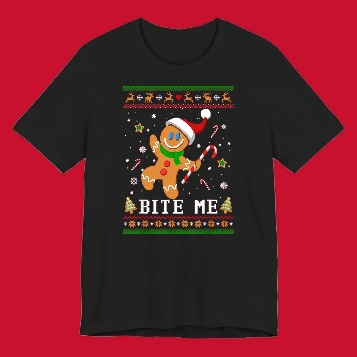 Gingerbread man with santa hat and candy cane, text 'BITE ME', Christmas holiday design.