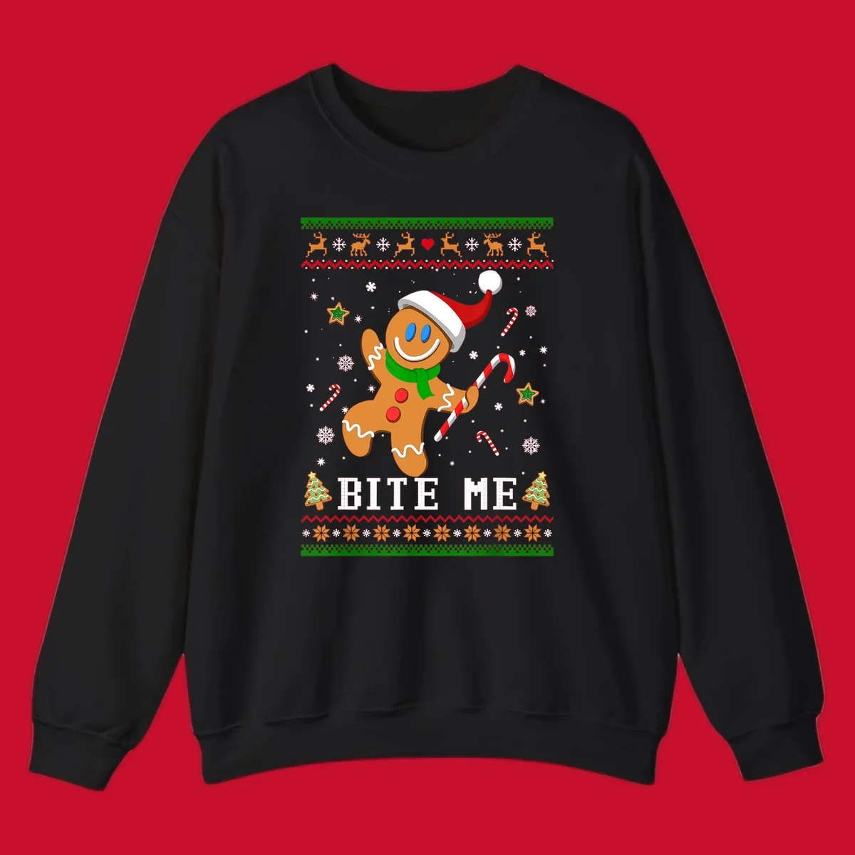Gingerbread man with santa hat and candy cane, text 'BITE ME', Christmas holiday design.