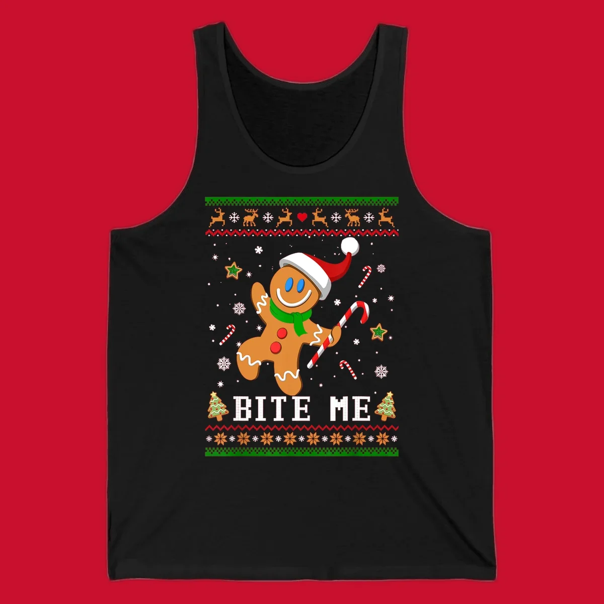 Gingerbread man with santa hat and candy cane, text 'BITE ME', Christmas holiday design.