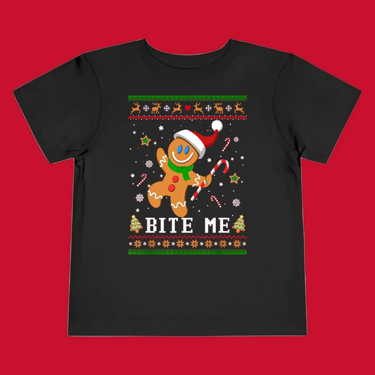 Gingerbread man with santa hat and candy cane, text 'BITE ME', Christmas holiday design.