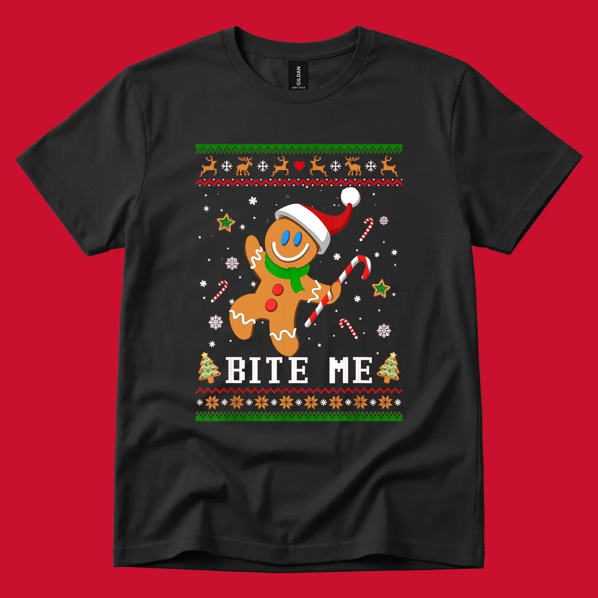 Gingerbread man with santa hat and candy cane, text 'BITE ME', Christmas holiday design.