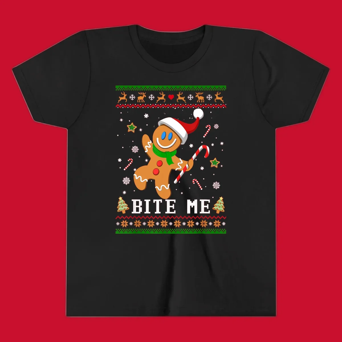 Gingerbread man with santa hat and candy cane, text 'BITE ME', Christmas holiday design.