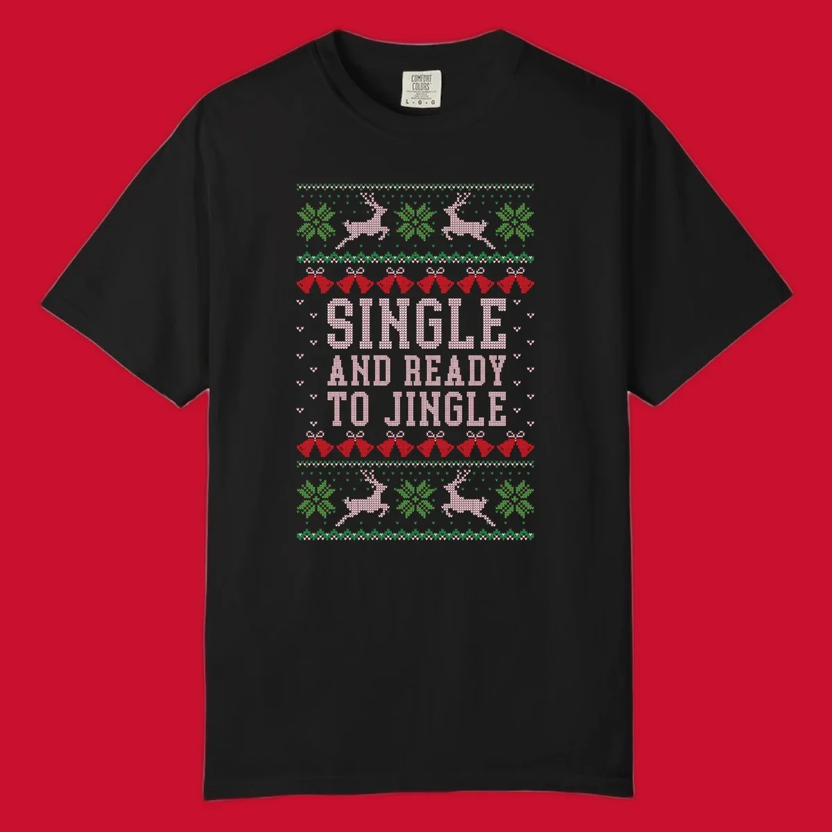 Single and ready to jingle text with reindeer and christmas elements, ugly christmas sweater design.