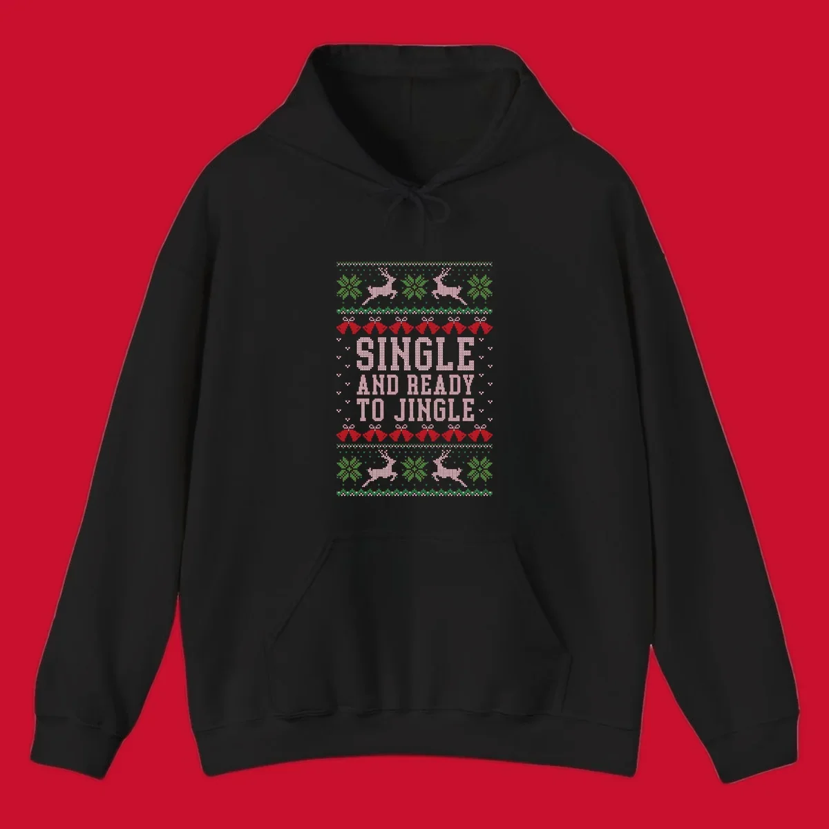 Single and ready to jingle text with reindeer and christmas elements, ugly christmas sweater design.