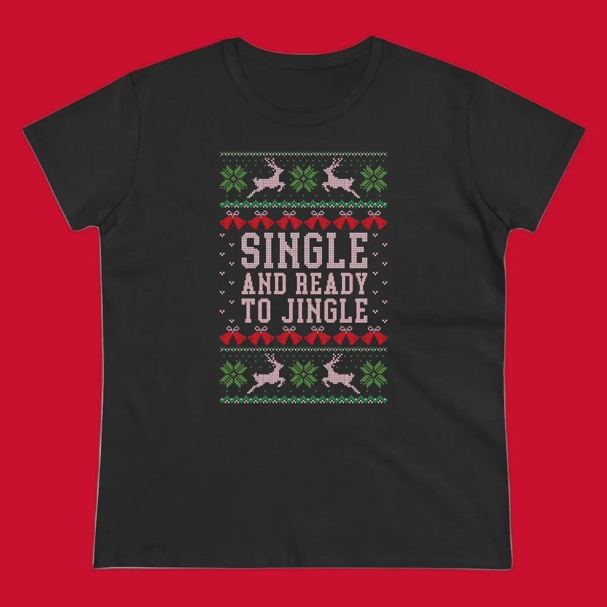 Single and ready to jingle text with reindeer and christmas elements, ugly christmas sweater design.