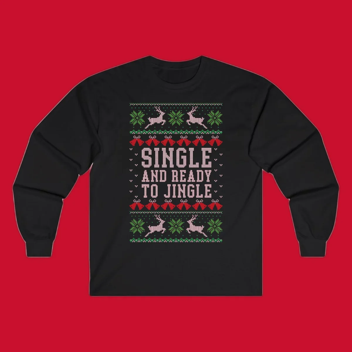 Single and ready to jingle text with reindeer and christmas elements, ugly christmas sweater design.