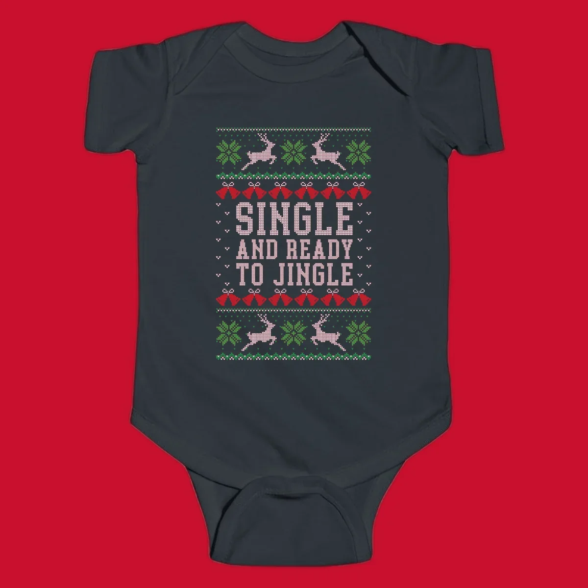 Single and ready to jingle text with reindeer and christmas elements, ugly christmas sweater design.