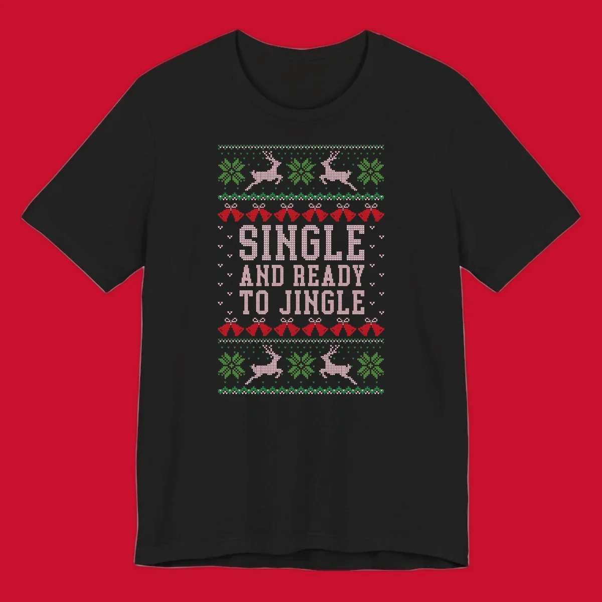 Single and ready to jingle text with reindeer and christmas elements, ugly christmas sweater design.