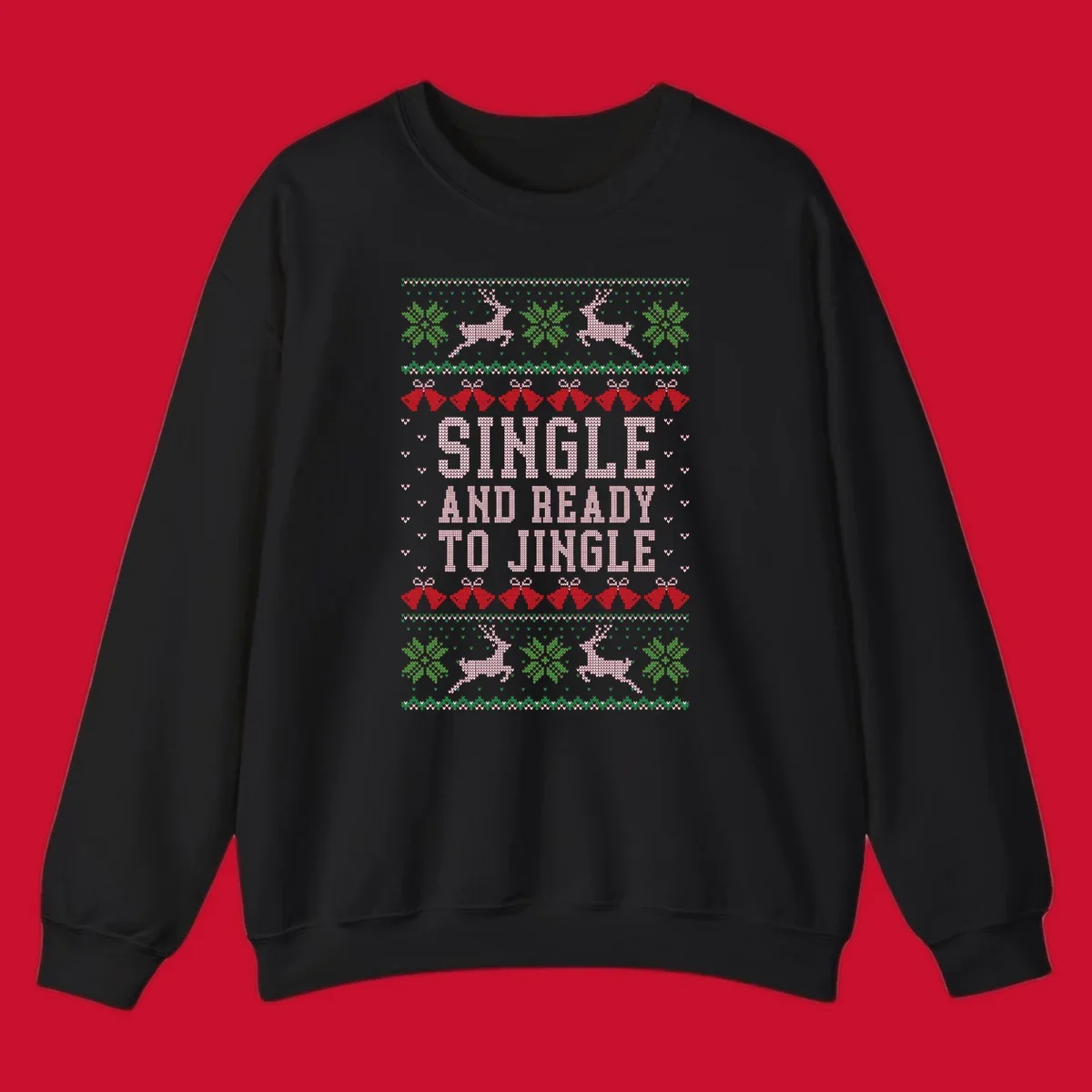 Single and ready to jingle text with reindeer and christmas elements, ugly christmas sweater design.