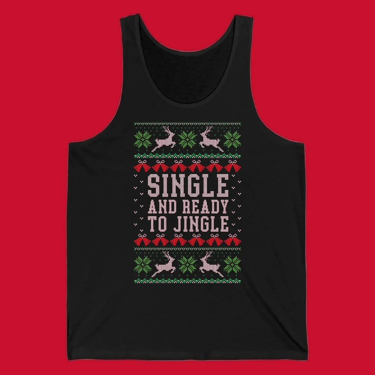 Single and ready to jingle text with reindeer and christmas elements, ugly christmas sweater design.