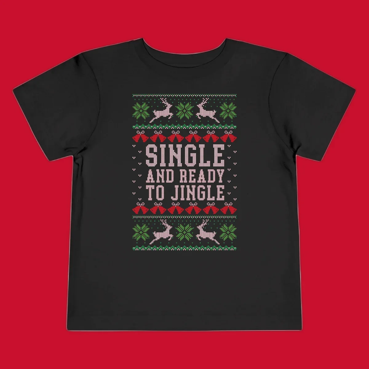 Single and ready to jingle text with reindeer and christmas elements, ugly christmas sweater design.