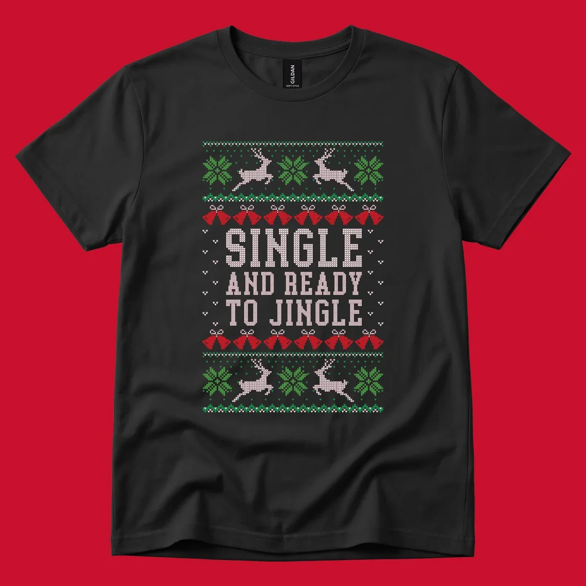 Single and ready to jingle text with reindeer and christmas elements, ugly christmas sweater design.