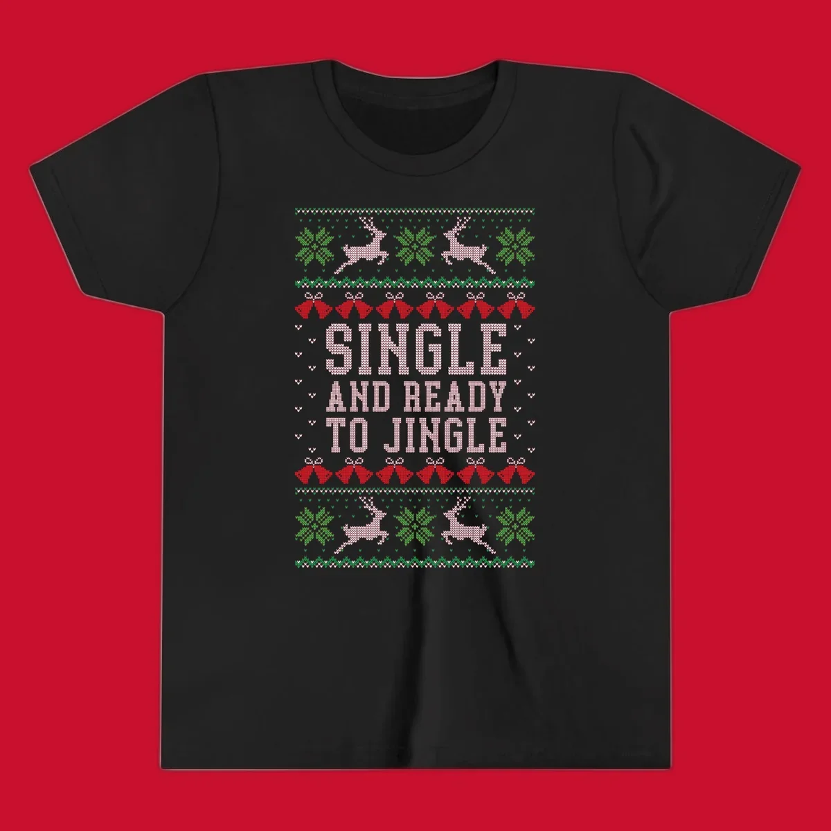 Single and ready to jingle text with reindeer and christmas elements, ugly christmas sweater design.