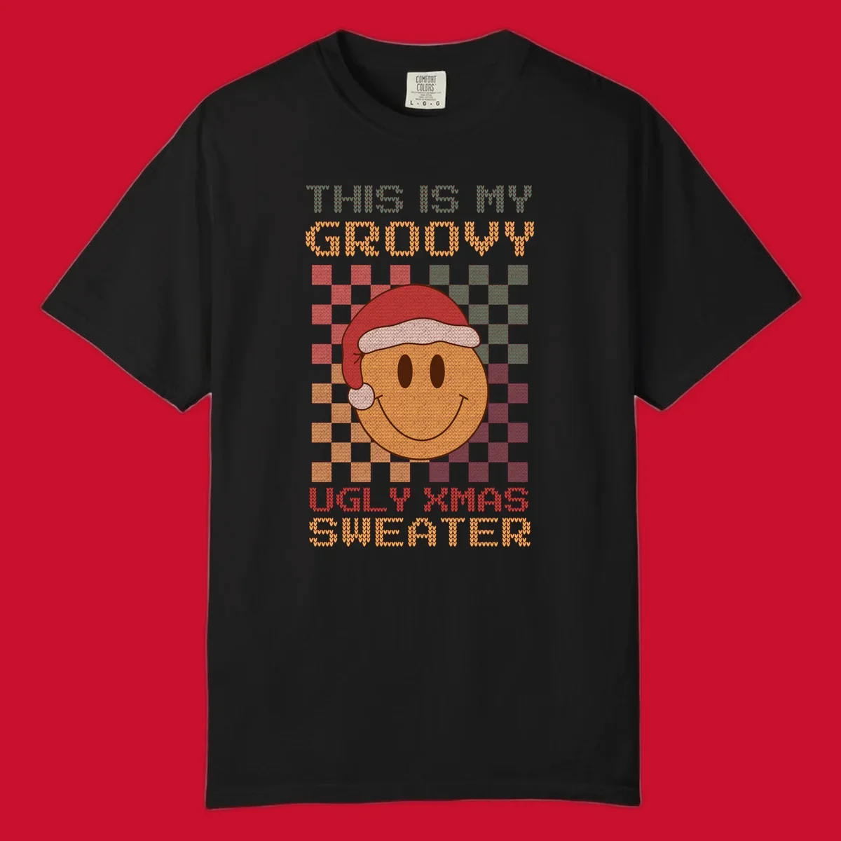 Groovy ugly Christmas sweater design with smiley face, Santa hat, and text.