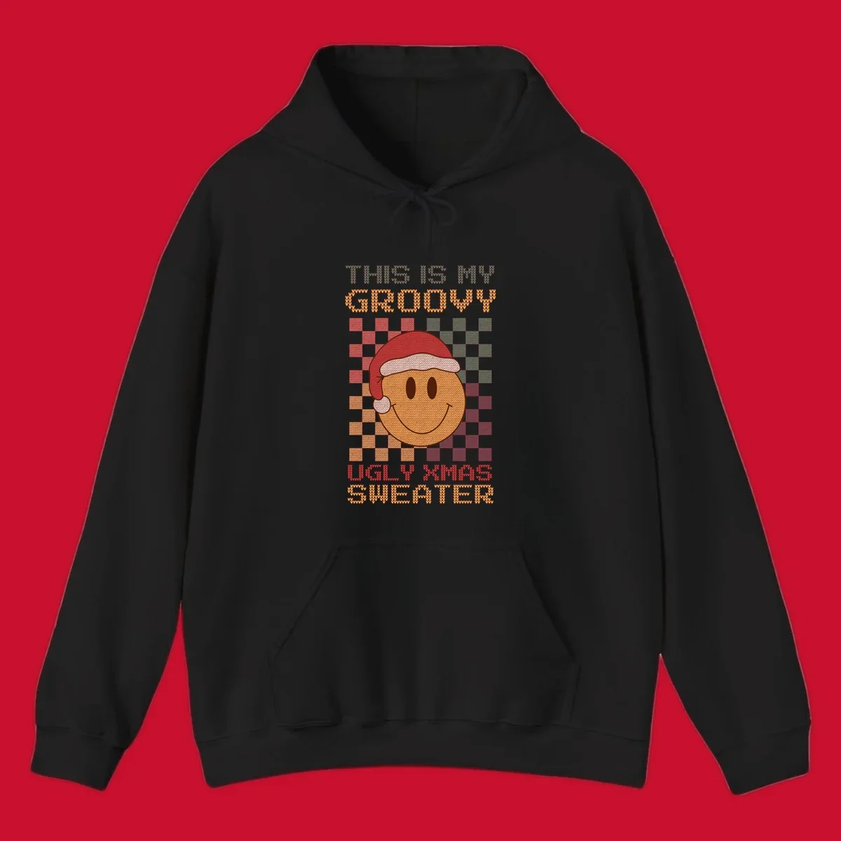 Groovy ugly Christmas sweater design with smiley face, Santa hat, and text.