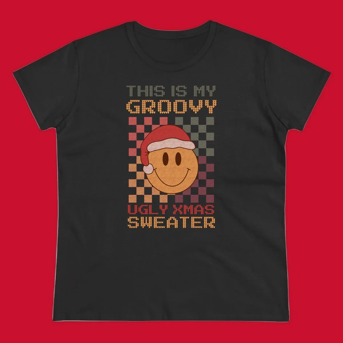 Groovy ugly Christmas sweater design with smiley face, Santa hat, and text.