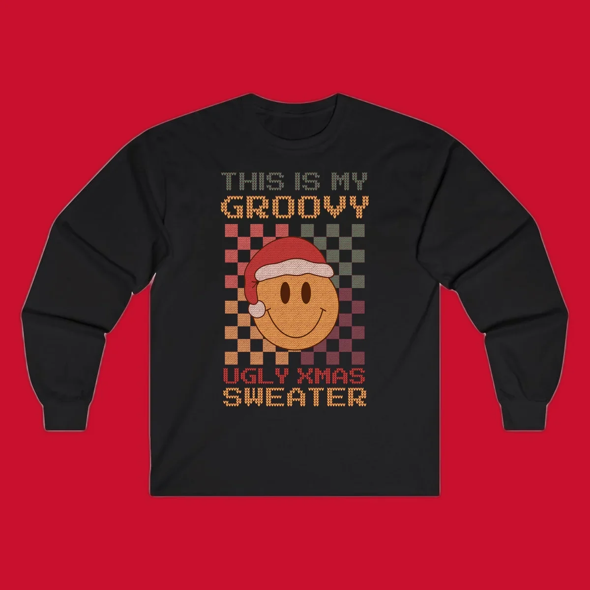 Groovy ugly Christmas sweater design with smiley face, Santa hat, and text.