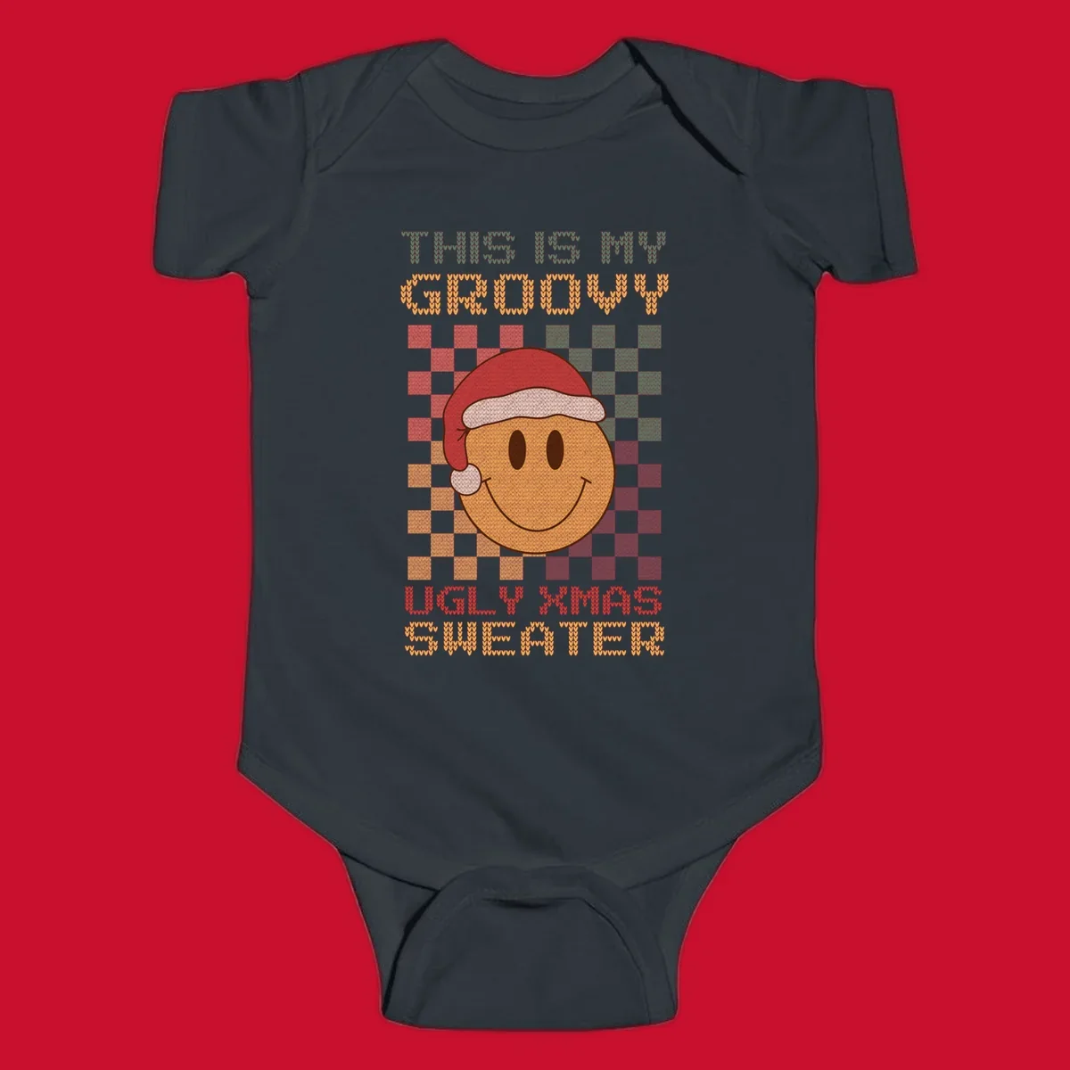Groovy ugly Christmas sweater design with smiley face, Santa hat, and text.