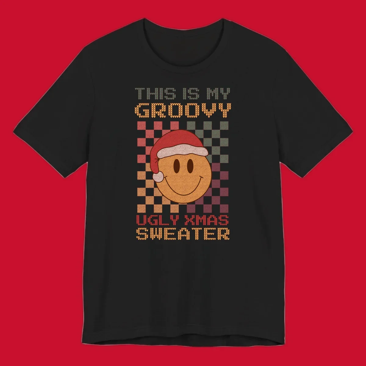 Groovy ugly Christmas sweater design with smiley face, Santa hat, and text.
