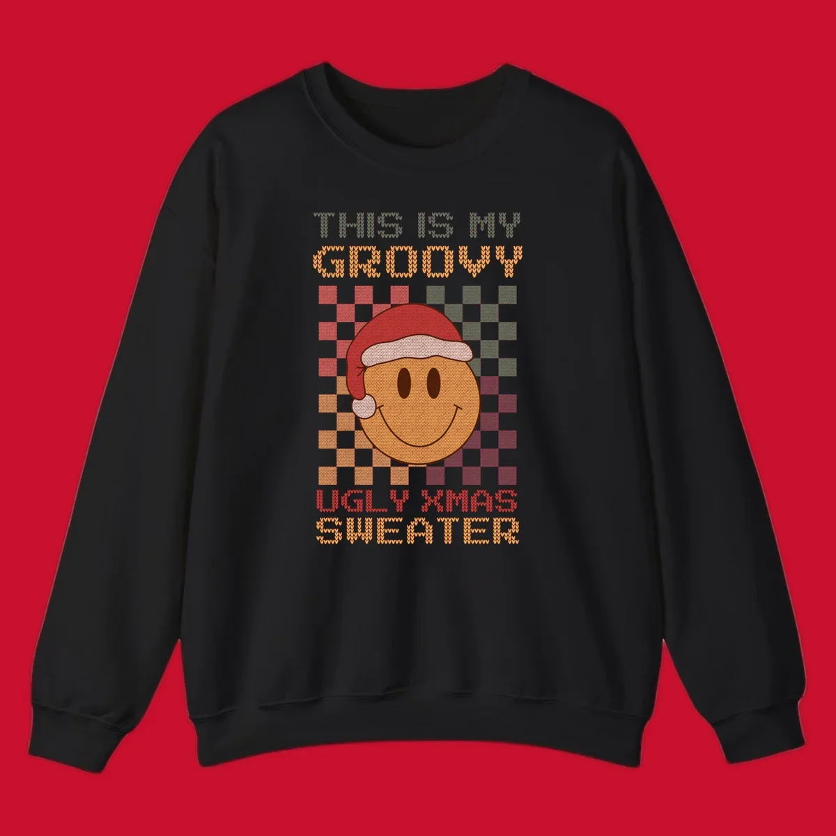 Groovy ugly Christmas sweater design with smiley face, Santa hat, and text.