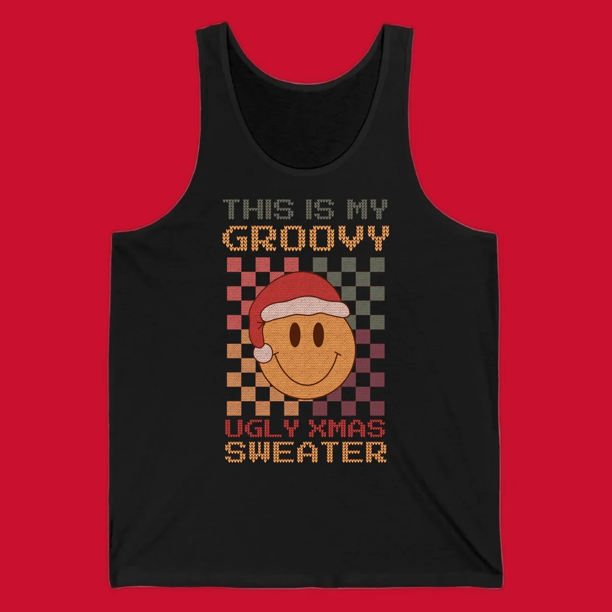 Groovy ugly Christmas sweater design with smiley face, Santa hat, and text.