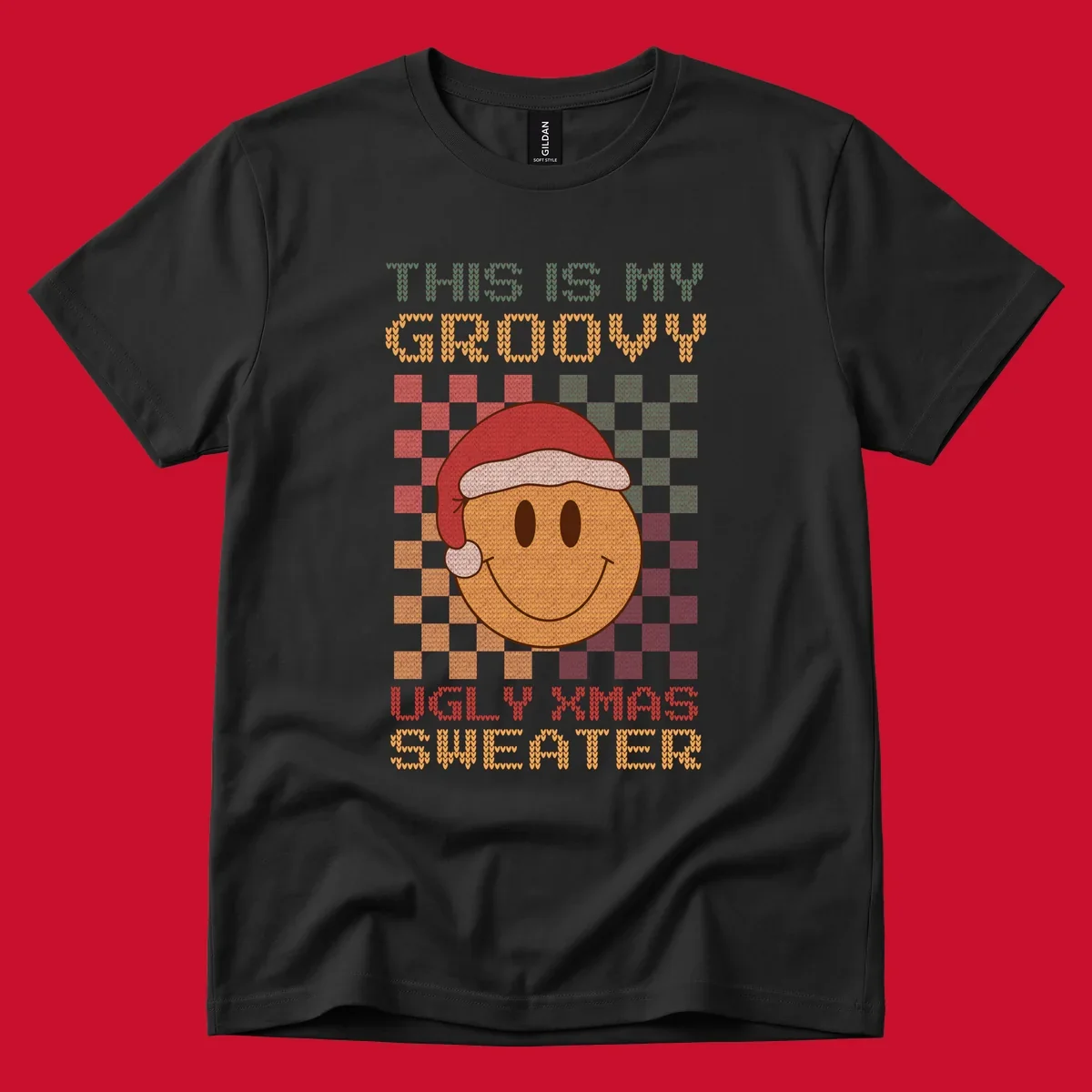 Groovy ugly Christmas sweater design with smiley face, Santa hat, and text.