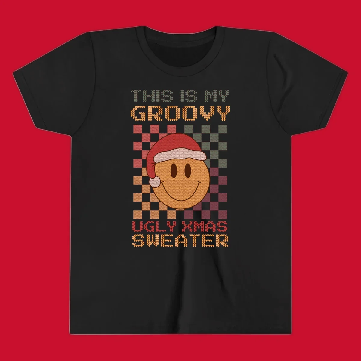 Groovy ugly Christmas sweater design with smiley face, Santa hat, and text.